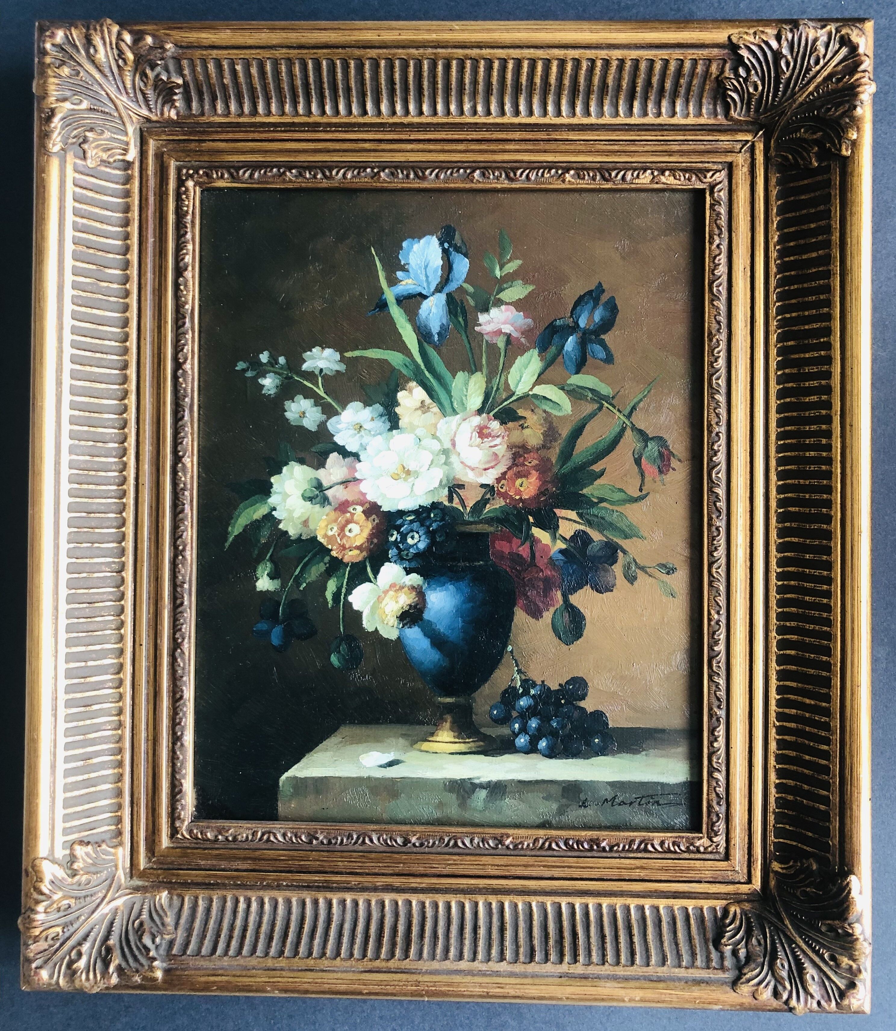 Oil on canvas still life with flowers and grapes