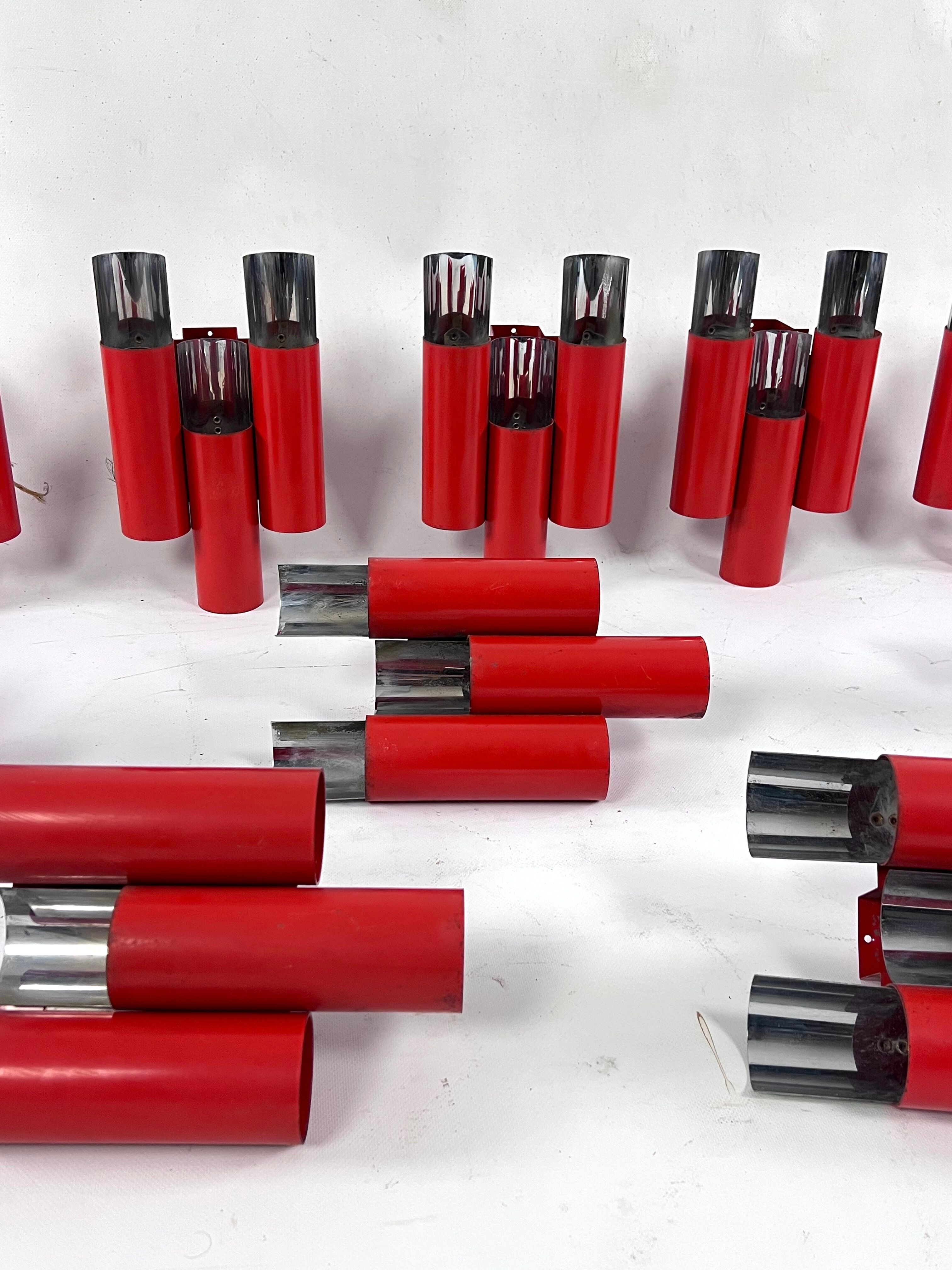 Set of 10 mid-century red and chrome wall lamps by Stilnovo, Italy 1970s