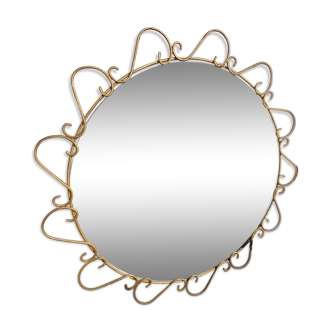 Golden 1950s sun mirror in golden beaten iron  74cm