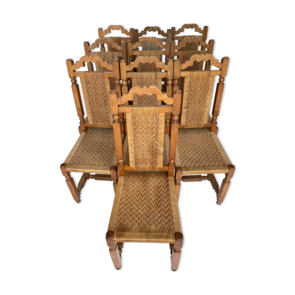 10 chairs in worked oak and seat in rope 1950