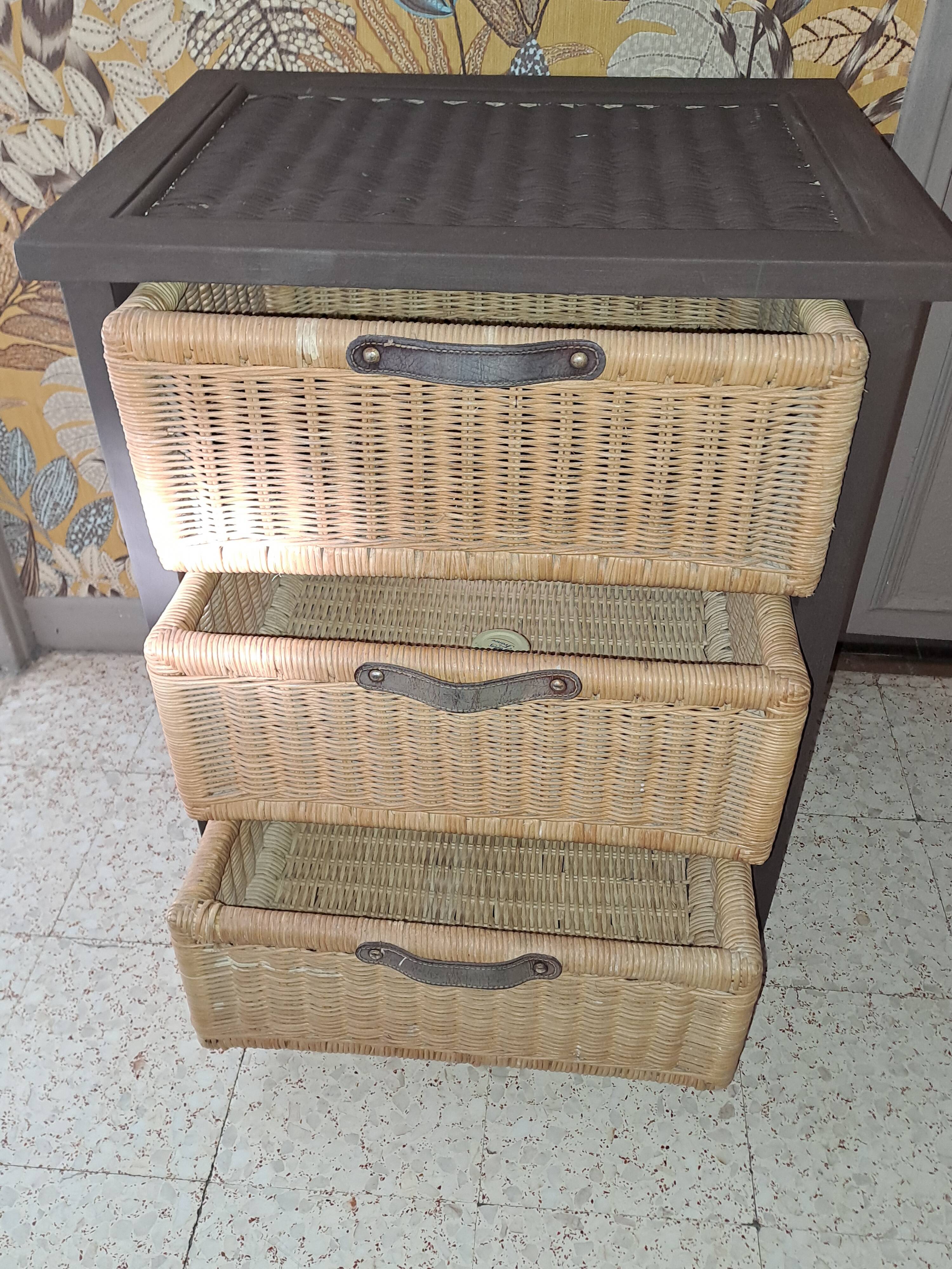 Wooden and wicker storage unit France 1980 / in dark brown repainted wood and 3 wicker drawers