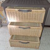 Wooden and wicker storage unit France 1980 / in dark brown repainted wood and 3 wicker drawers
