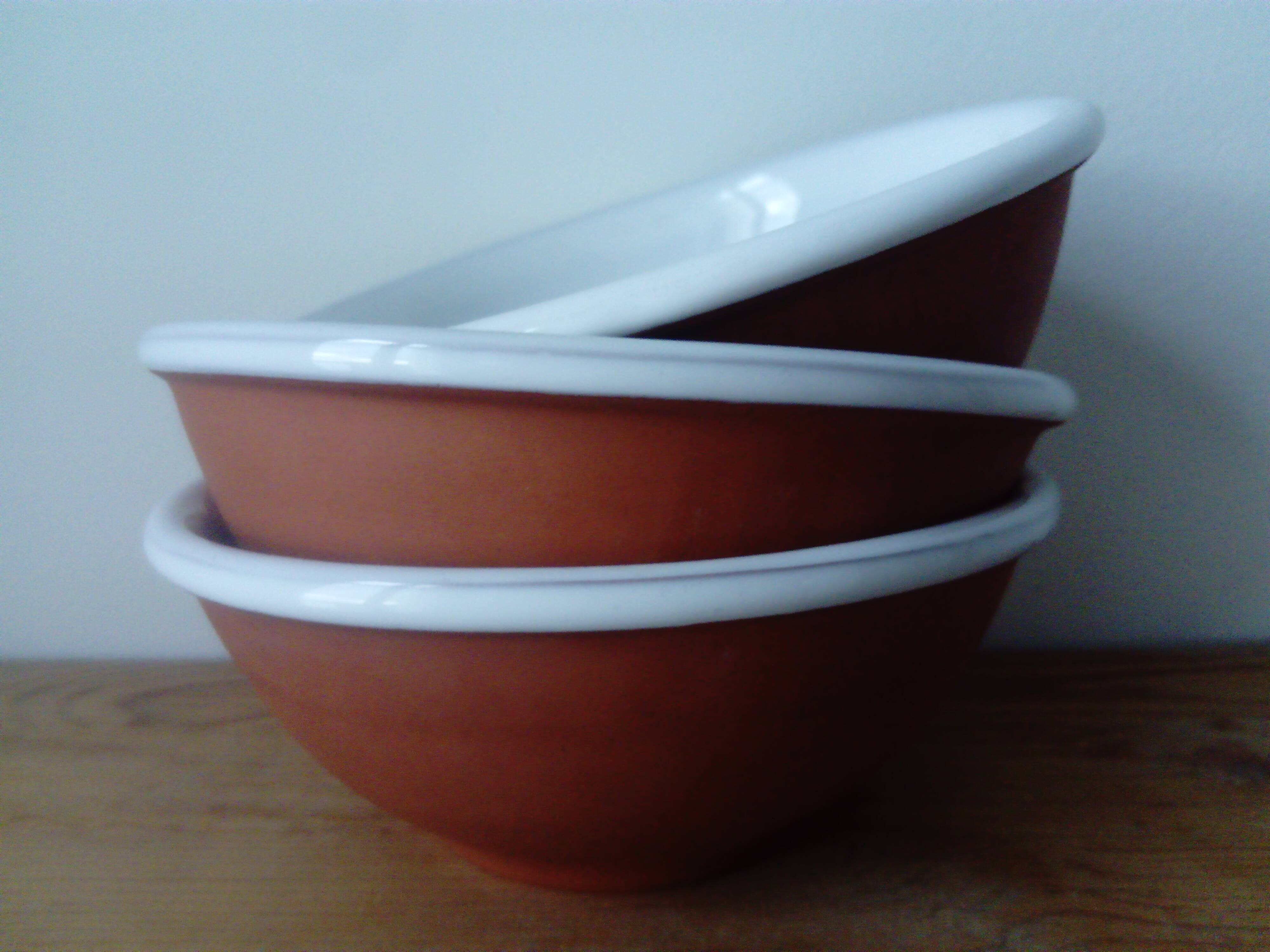 set of 3 terracotta cups or bowls with white enamel interior