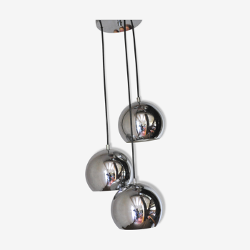 Suspension vintage cascade en chrome- 3 boules eye ball_ space age - Années 70