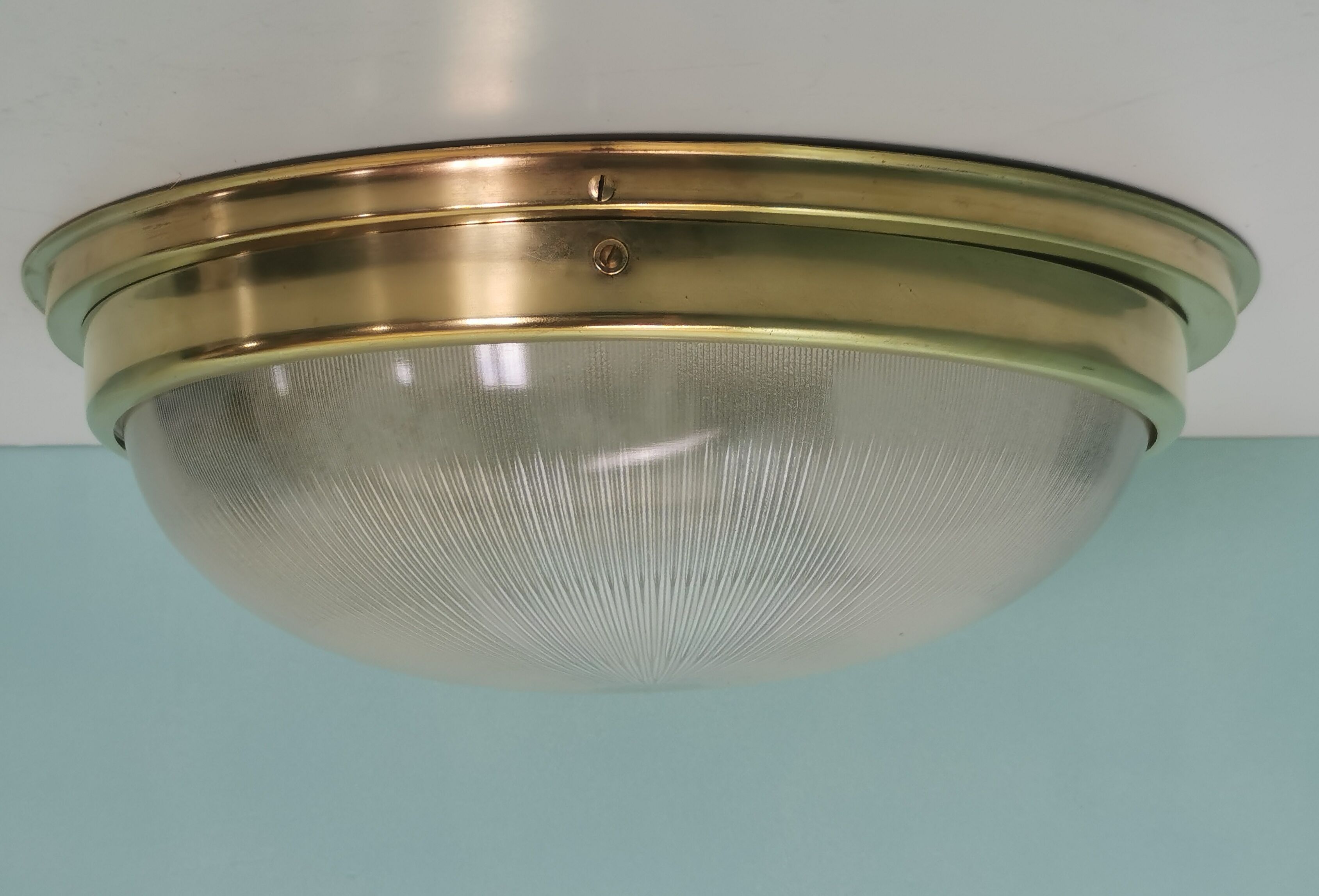 Brass holophane glass ceiling light