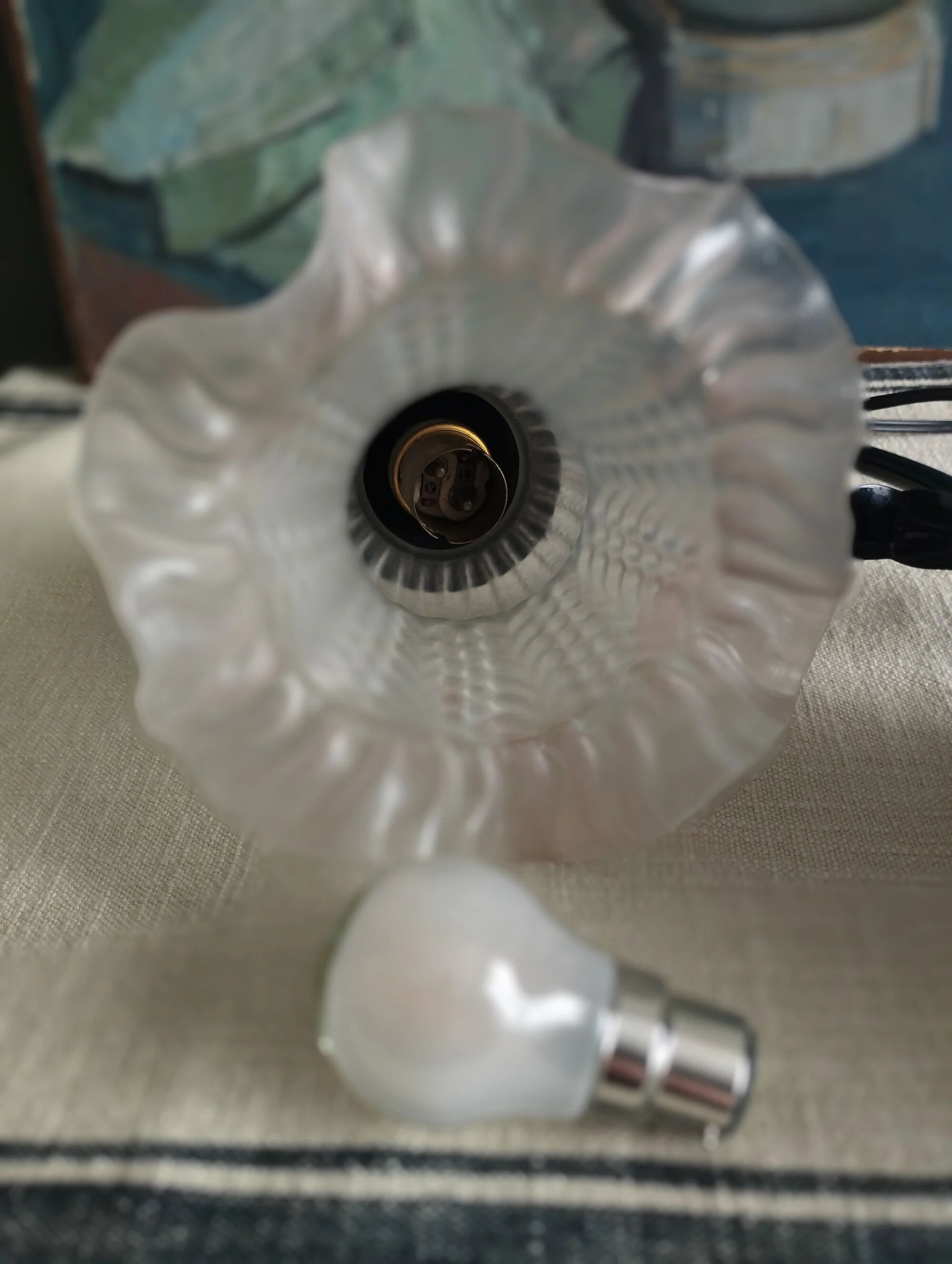 Tulip lamp in patinated black metal with an opaque glass shade.