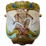 French Art Nouveau Majolica Flowerpot With Swans, Early 20th Century