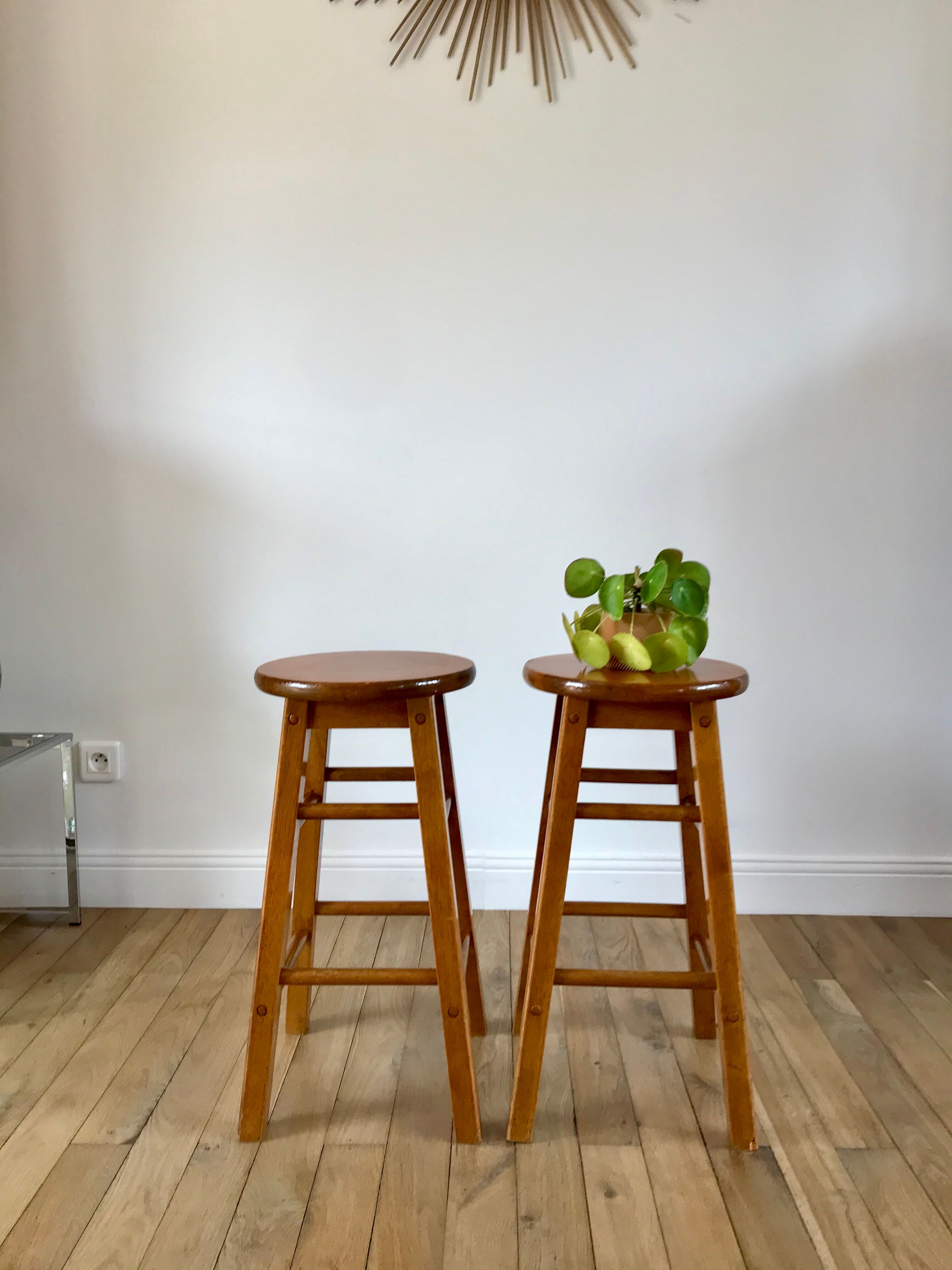 Pair of high stools / bar varnished wood 60-70s