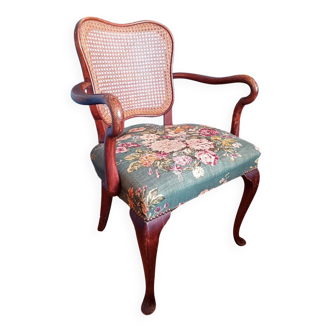 Fauteuil bridge en bois, cannage et tissu