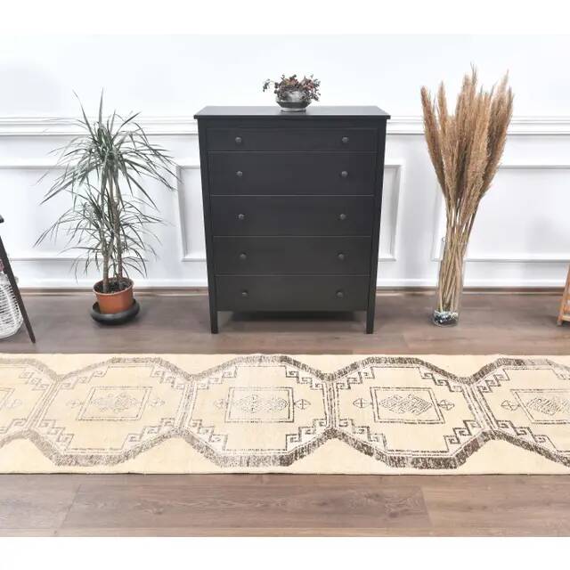 Vintage Beige Turkish Hand-Knotted Runner 83X348