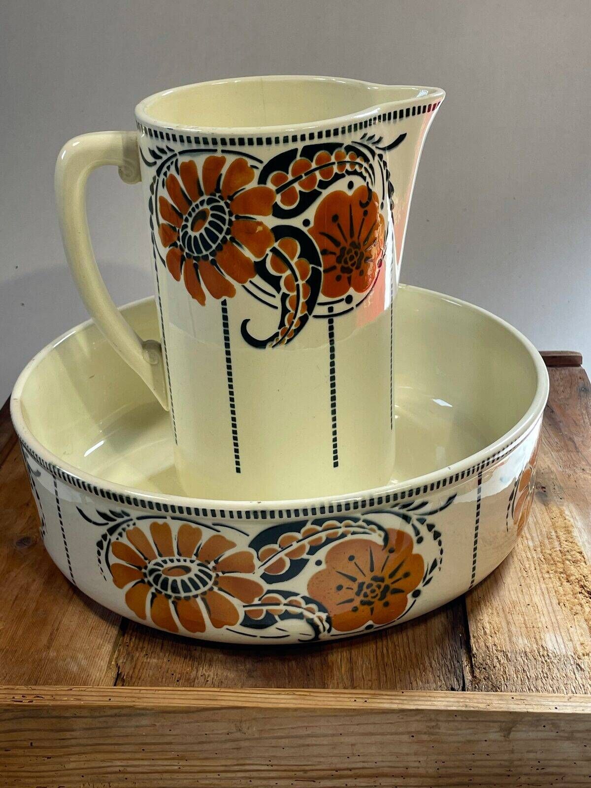 Antique bowl and basin from Saint-Amand, decorated earthenware, 1920s