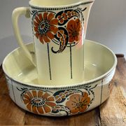 Antique bowl and basin from Saint-Amand, decorated earthenware, 1920s