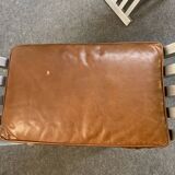 Pair of curule chairs designed by John Vesey, 1958, USA, brushed aluminum, walnut and leather