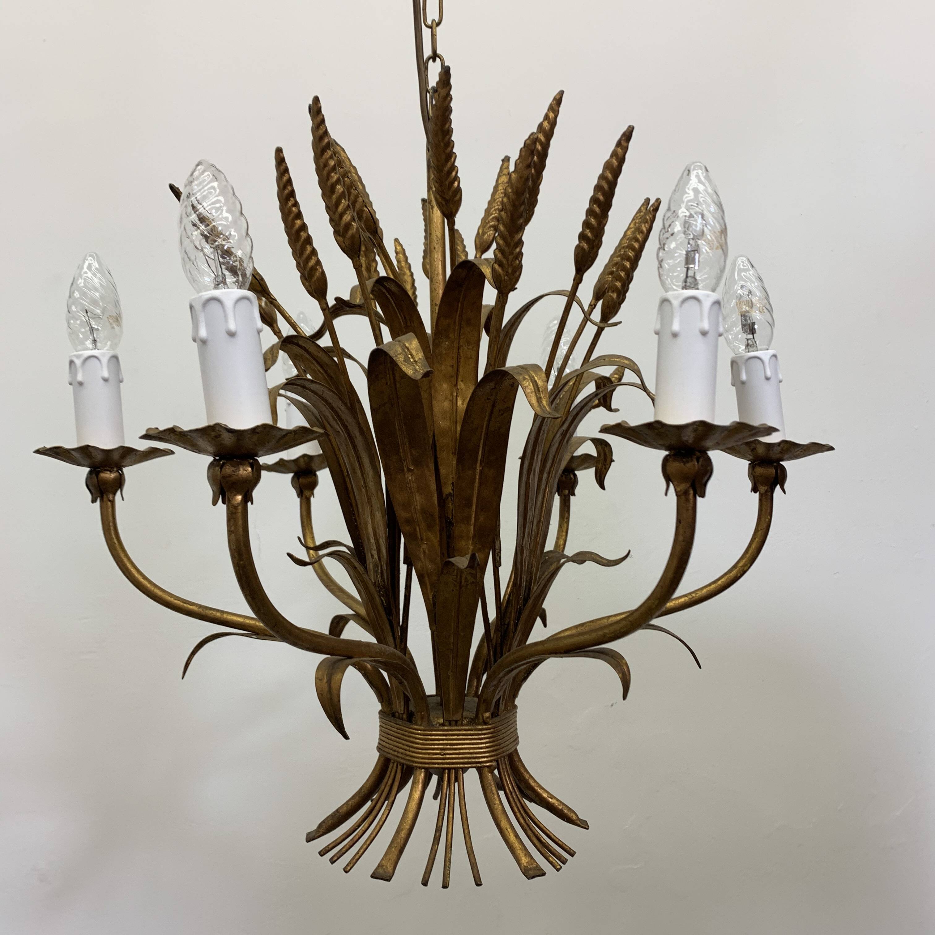Large wheat sheaf leaf gold gilt chandelier, 1960’s