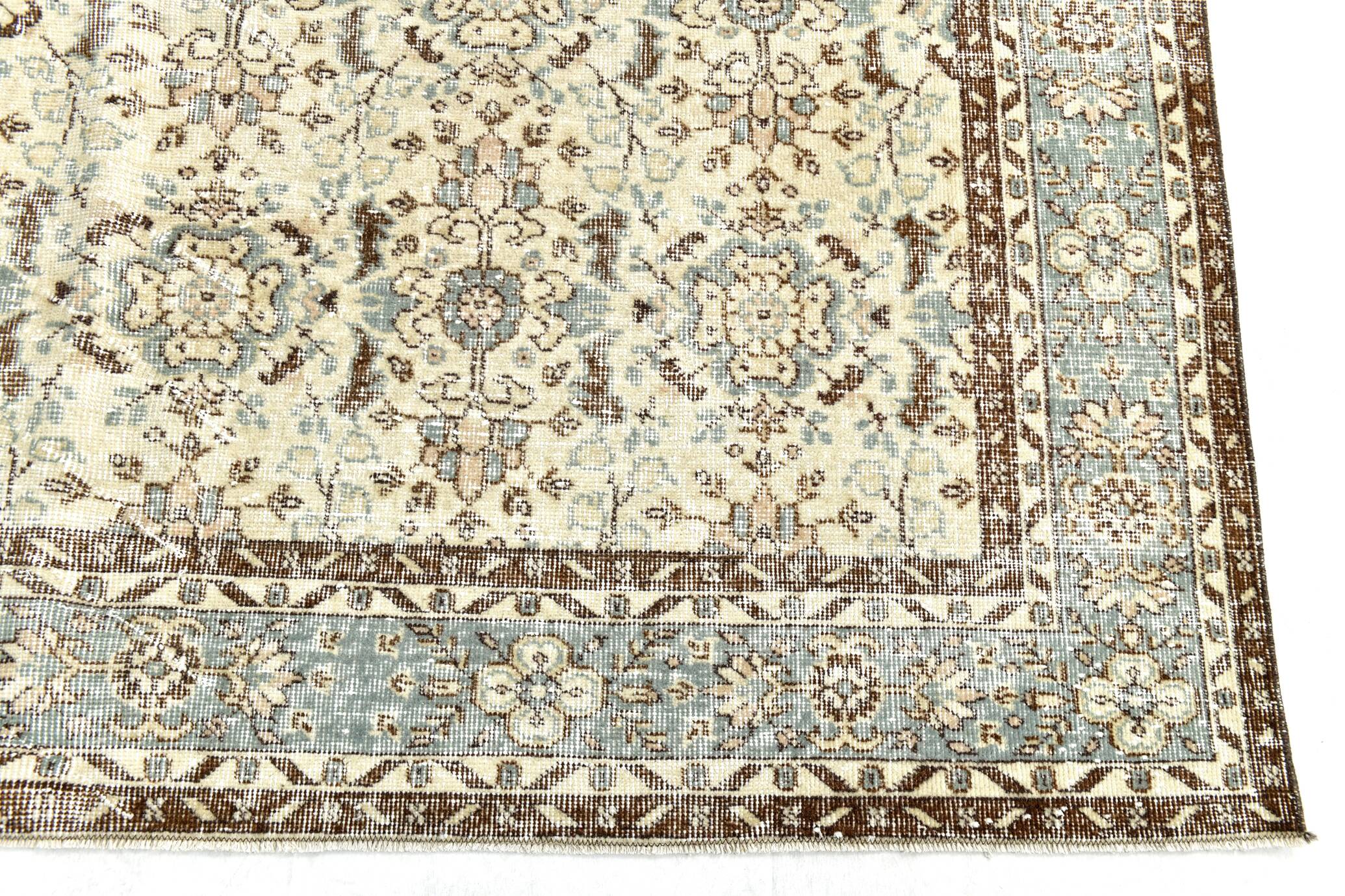 7x10 Turkish Cream Brown Bordered Vintage Rug, 207x316Cm