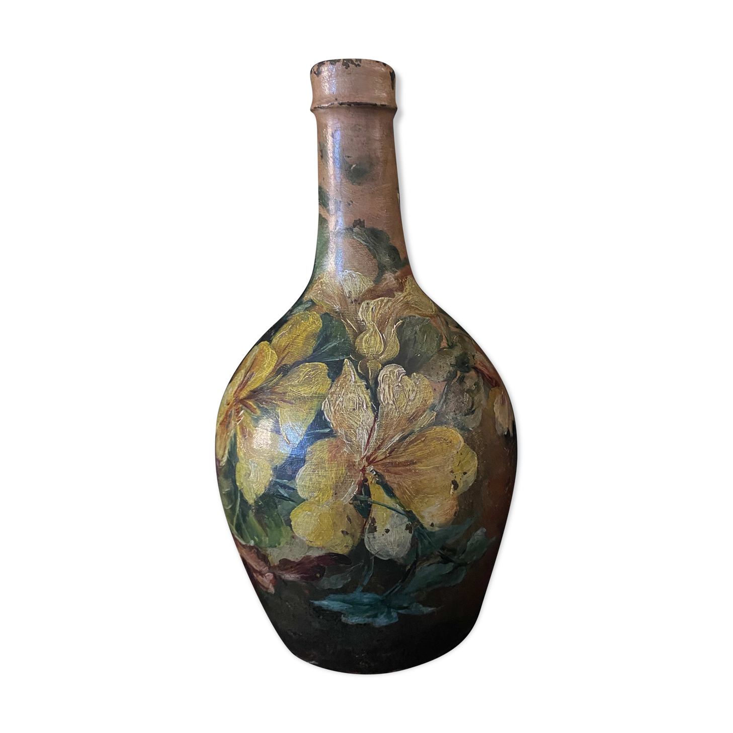 Beautiful bottle B old sandstone painted with floral motifs Folk art Puisaye