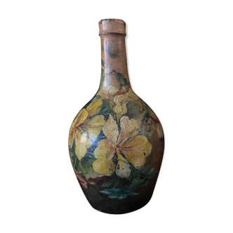 Beautiful bottle B old sandstone painted with floral motifs Folk art Puisaye