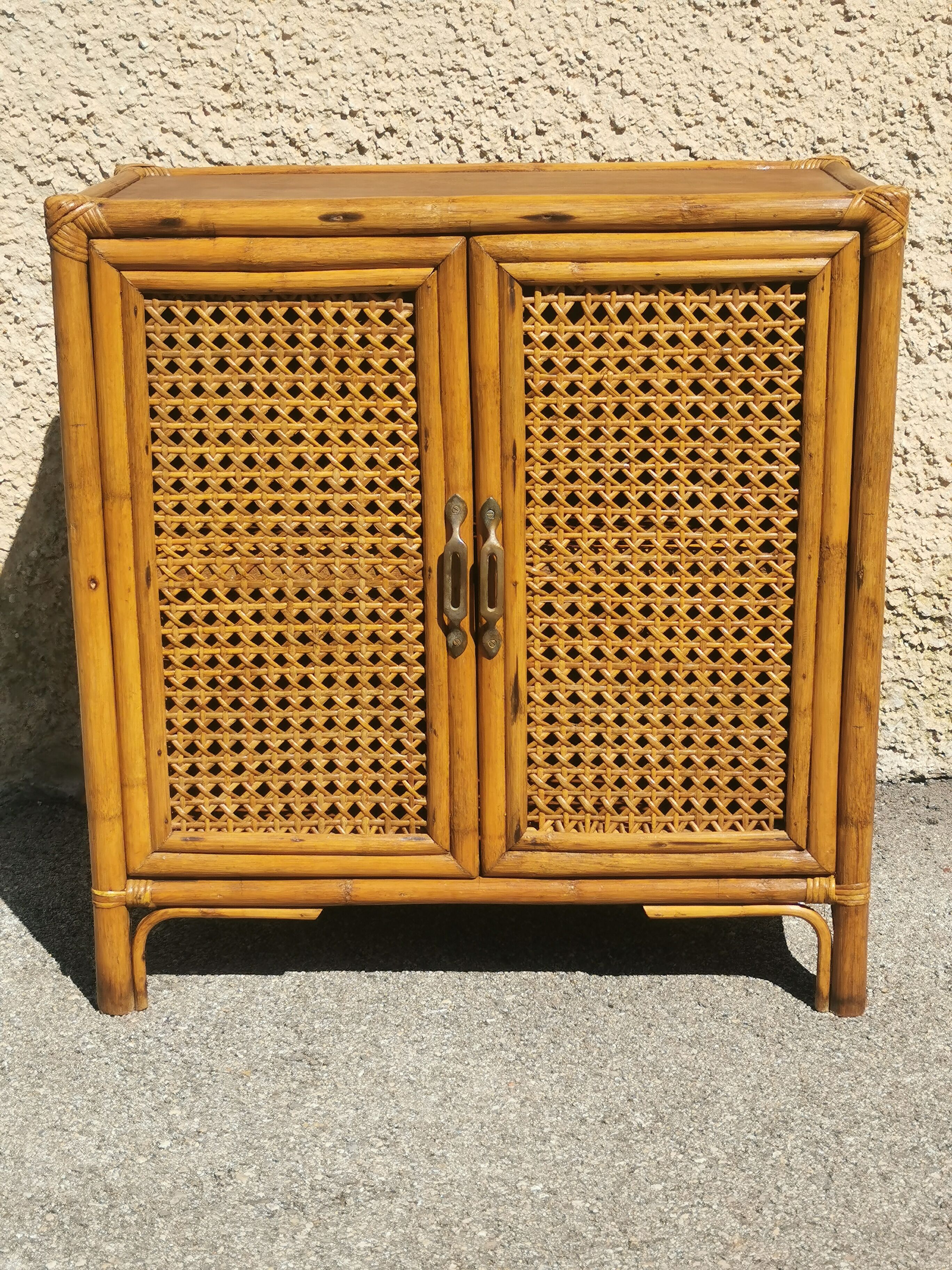 Vintage wood and rattan chest of drawers