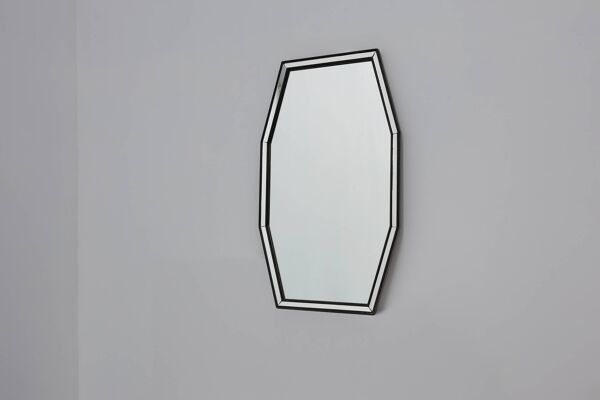 Miroir octogonal graphique du milieu du siècle avec cadre en bois noir et miroir,