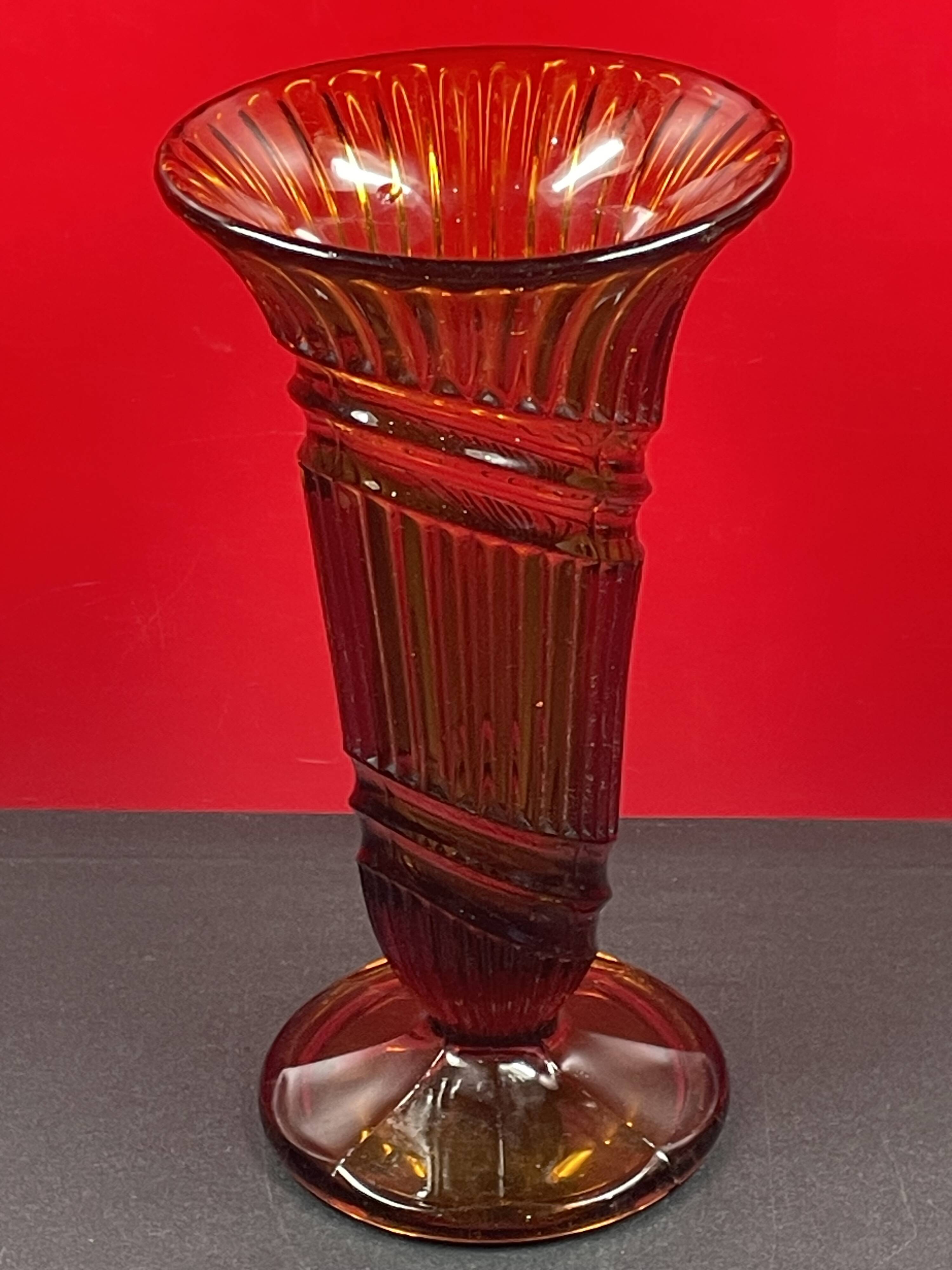 Art Deco Pressed Glass Vase Amber Color 25.3 cm