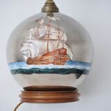Lampe de table antique en verre mercure, galion et navire, soufflé à la main, années 1920, anglais, recâblé