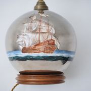 Lampe de table antique en verre mercure, galion et navire, soufflé à la main, années 1920, anglais, recâblé