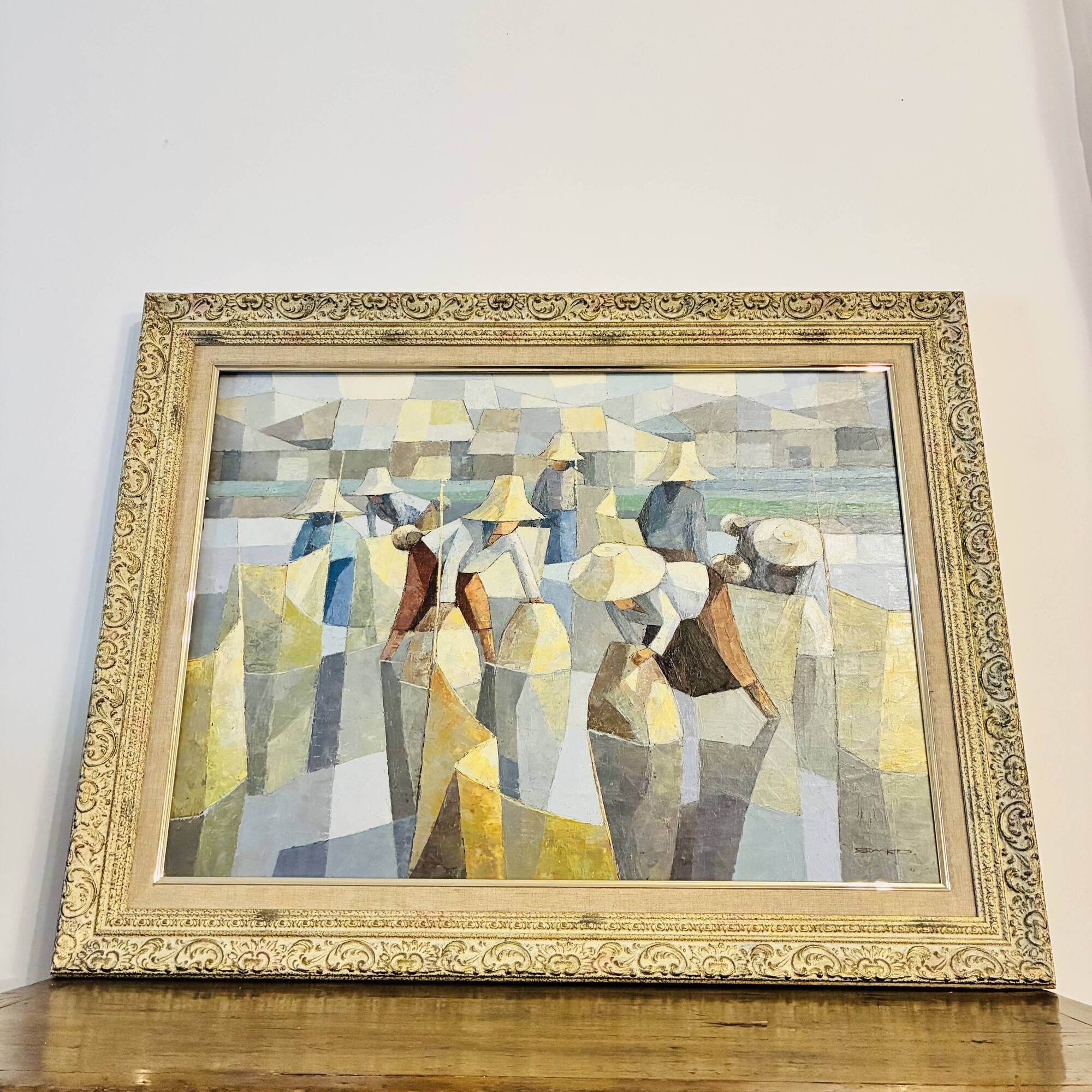 Cubist Oil on Canvas Tableau Rural Scene Asia Saard Thanomwong Signed