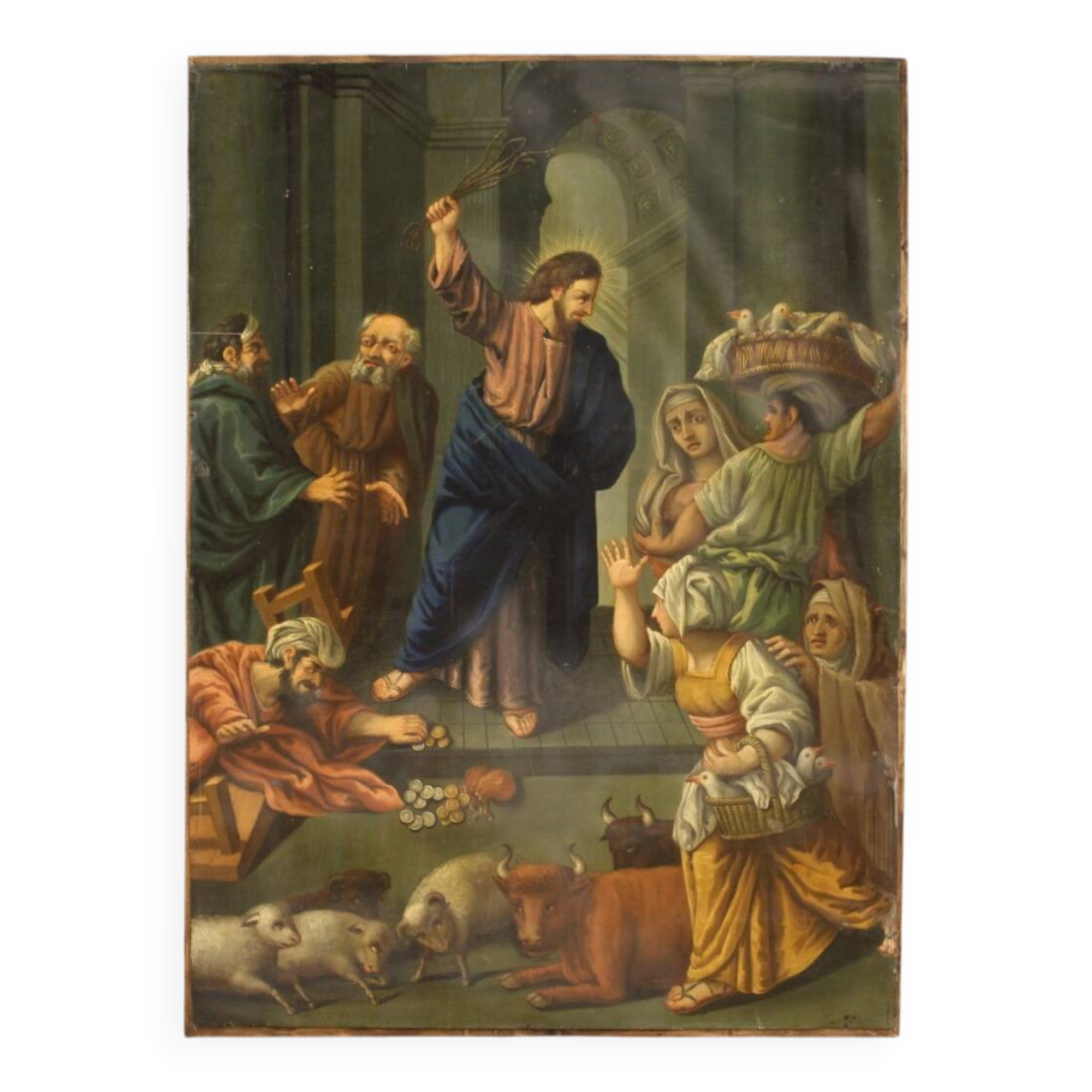 Peinture italienne à l'huile sur cuivre "Expulsion des marchands du temple"