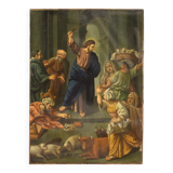 Peinture italienne à l'huile sur cuivre "Expulsion des marchands du temple"