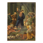 Peinture italienne à l'huile sur cuivre "Expulsion des marchands du temple"