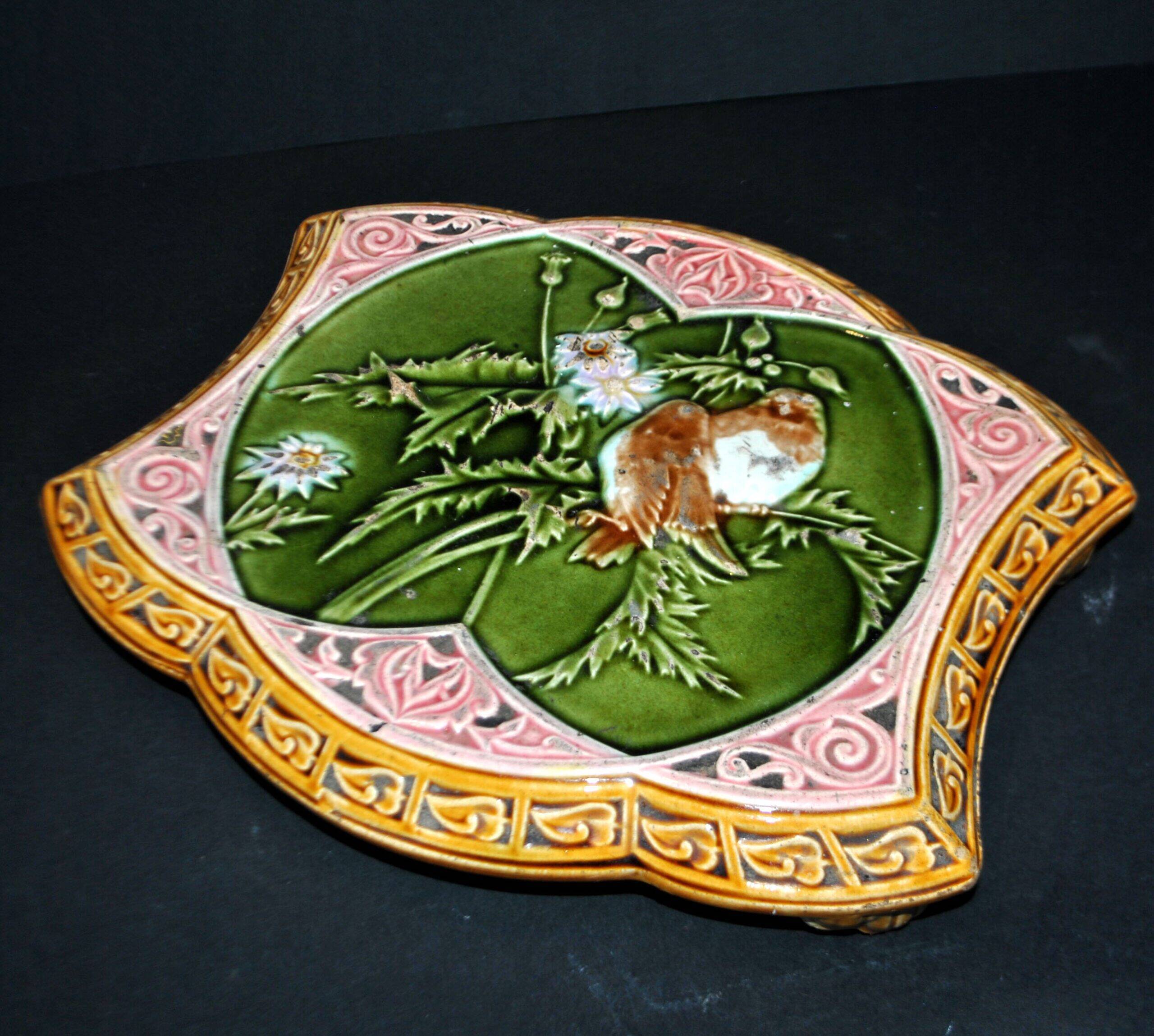 Onnaing? Art Nouveau slipware trivet with bird decoration, ceramic trivet, 1910