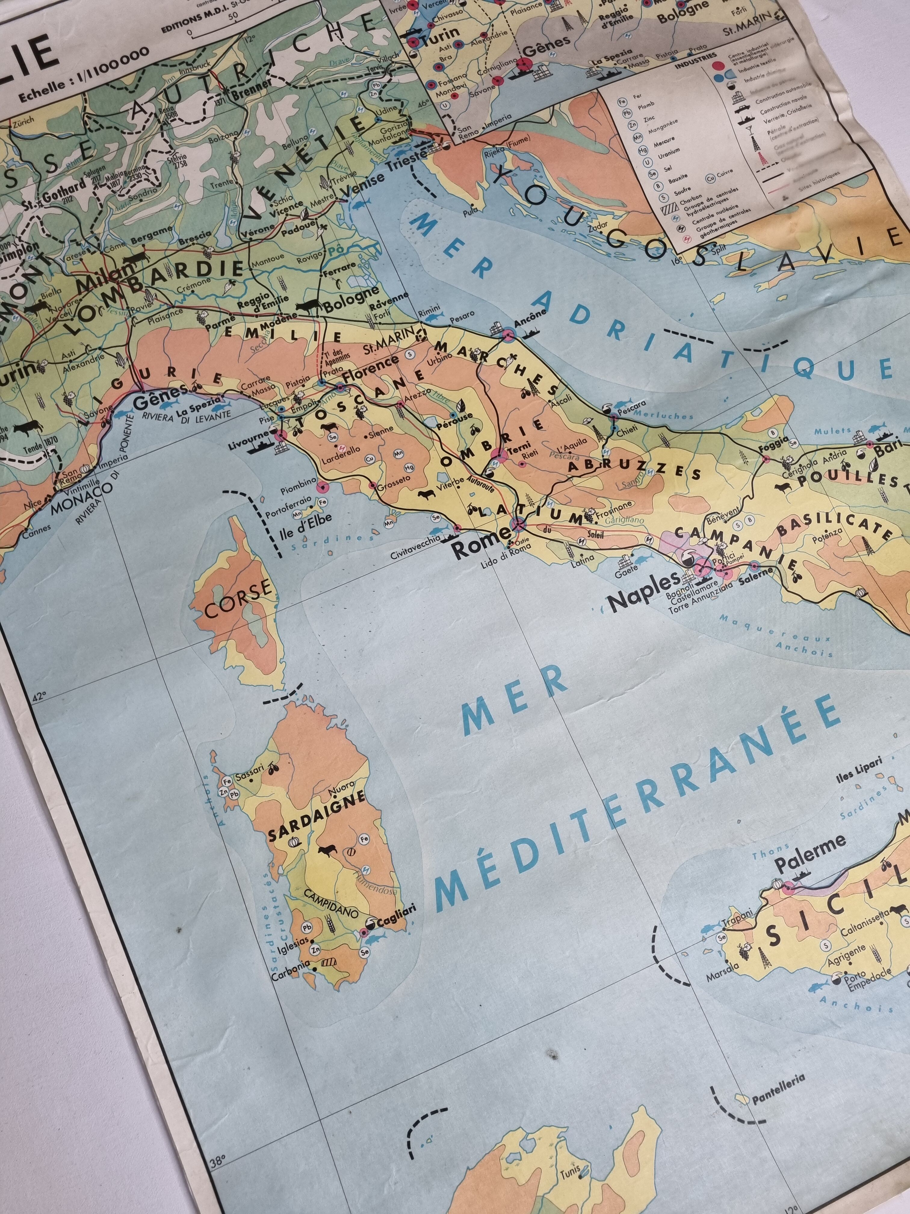 Pedagogical map MDI, 1968, reversible, physical map of Germany and economic map of Italy