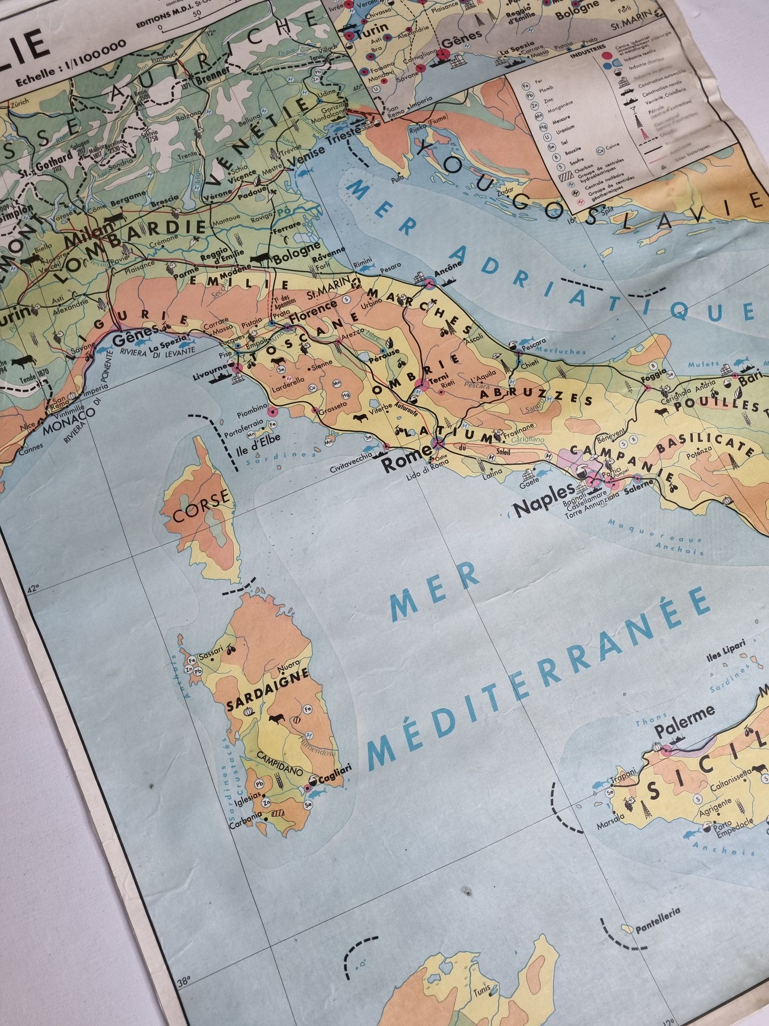 Pedagogical map MDI, 1968, reversible, physical map of Germany and economic map of Italy