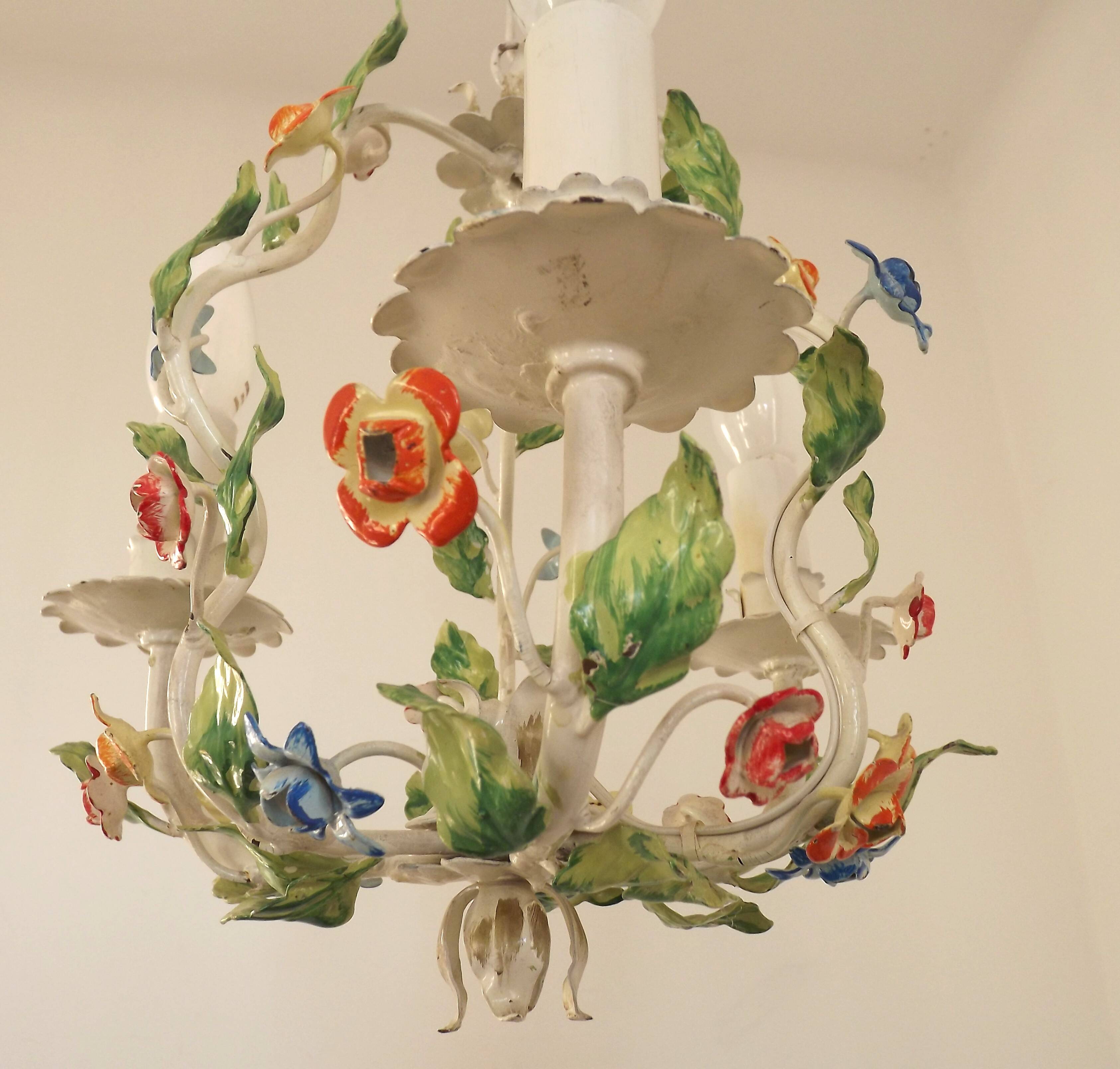 Romantic Vintage Italian Metal 3 Light Cage Chandelier Circa 1930s/40s