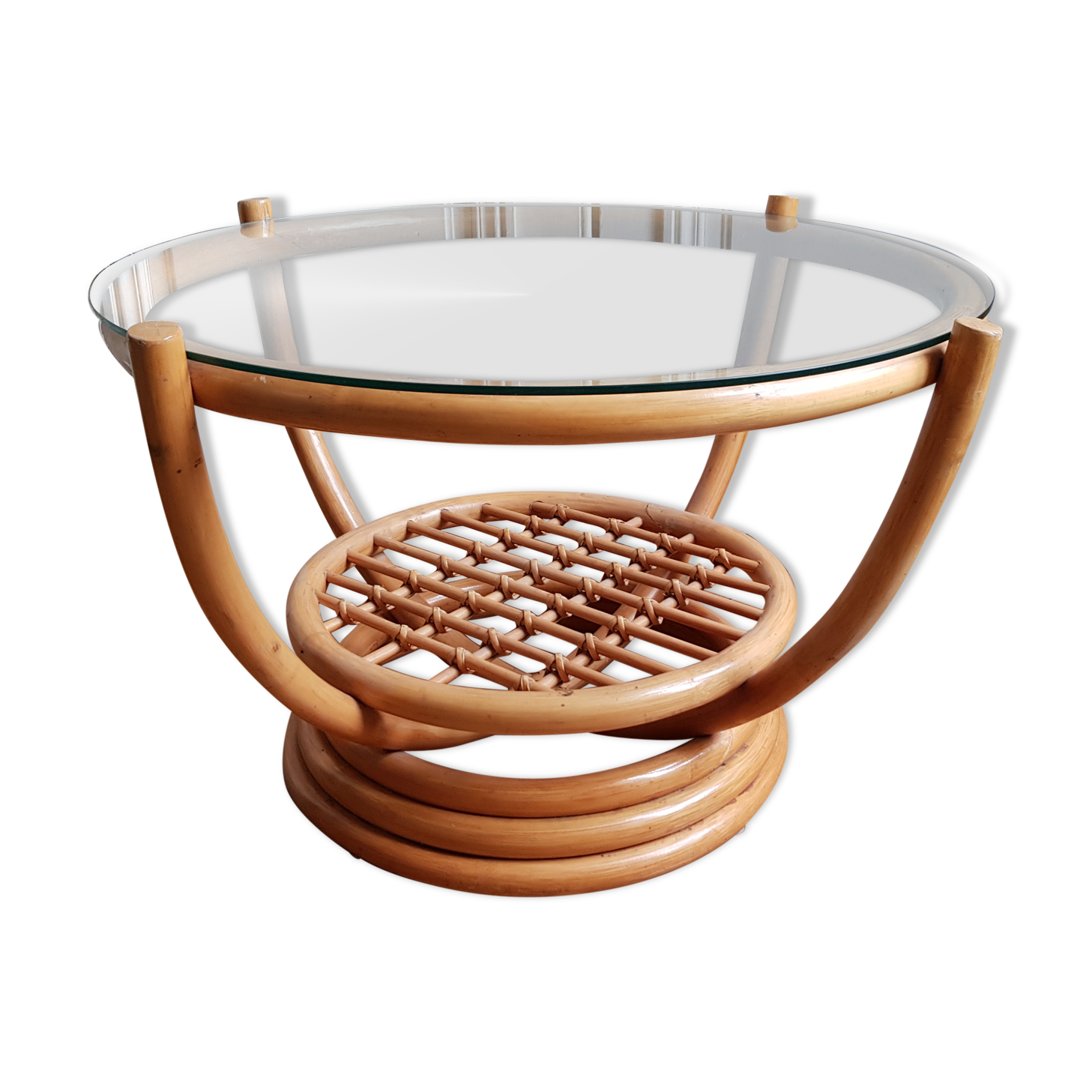 Table basse en rotin avec plateau en verre