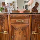Art Deco black marble sideboard and vintage beveled mirror