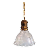 Grande suspension Holophane en verre rainuré transparent, 1920-30