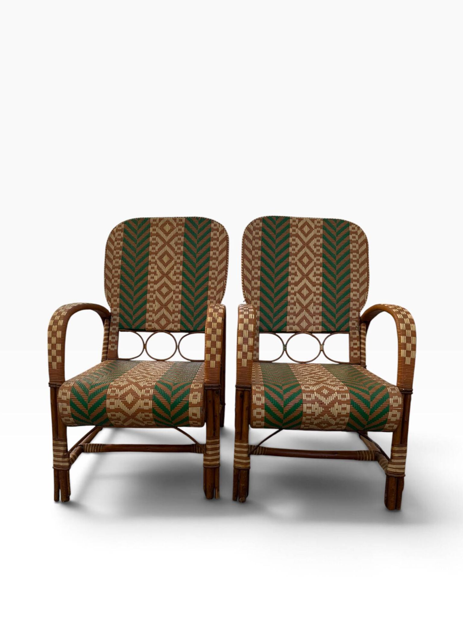 Fauteuils en rotin éclissé style Audoux Minet des années 50 F
