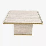 1970s square coffee table in travertine and brass