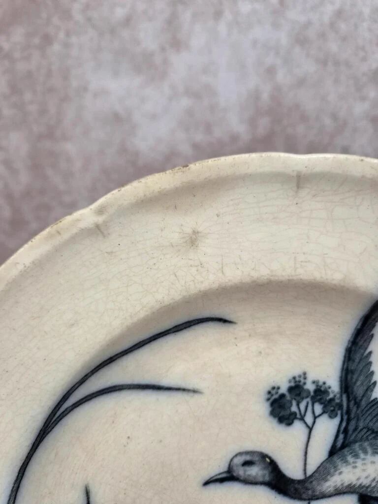 Antique Longwy plate – Japanese model – black and white bird decoration