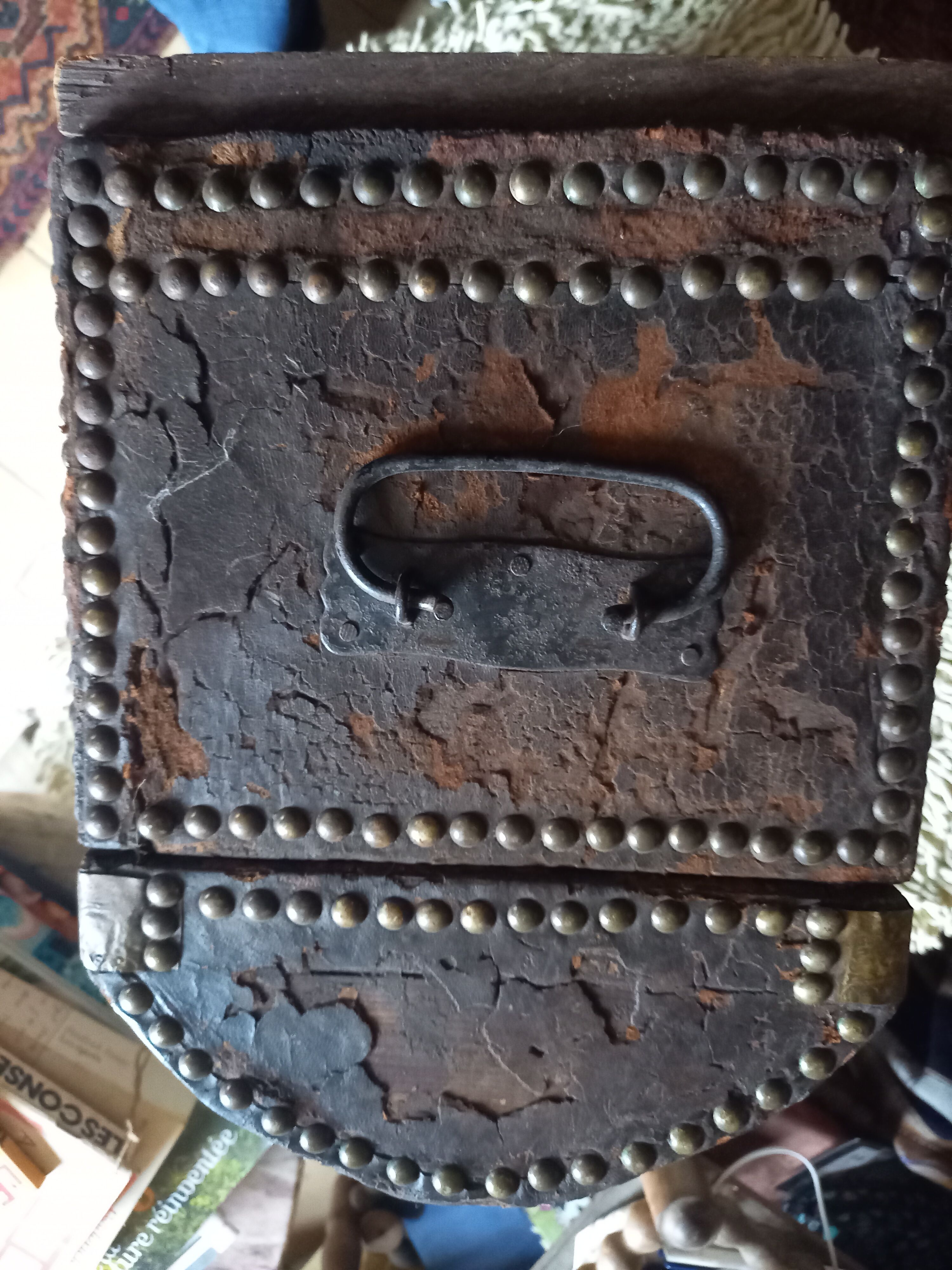 Old chest wood and studded leather