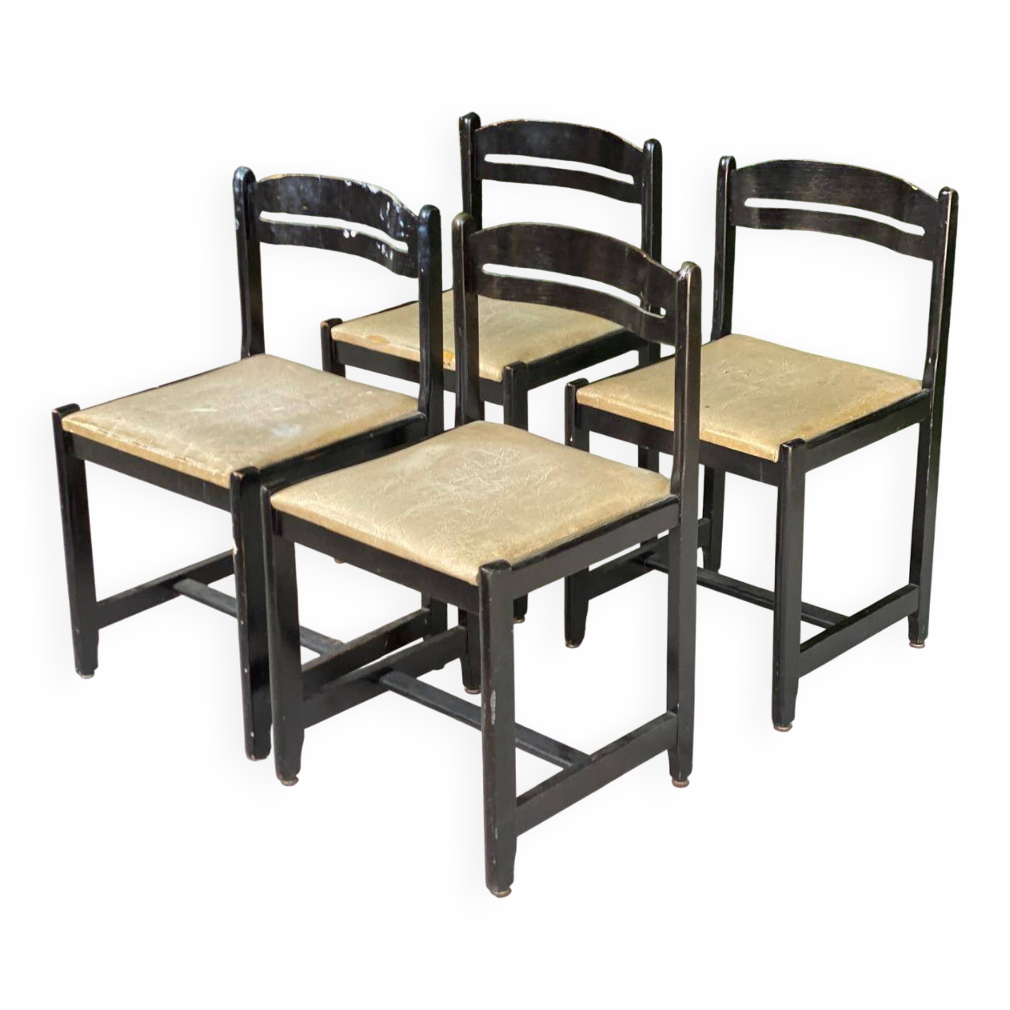4 black solid wood and beige leather chairs from the 80s