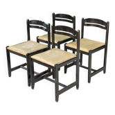 4 chaises en bois massif noir et cuir beige années 80
