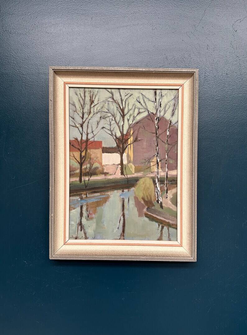 Original Swedish Oil on Canvas - "Landscape with Trees and Buildings" by Ingvar Björk - 1948 - Vintage - Framed - 62 × 48 cm (24.4" × 18.9")