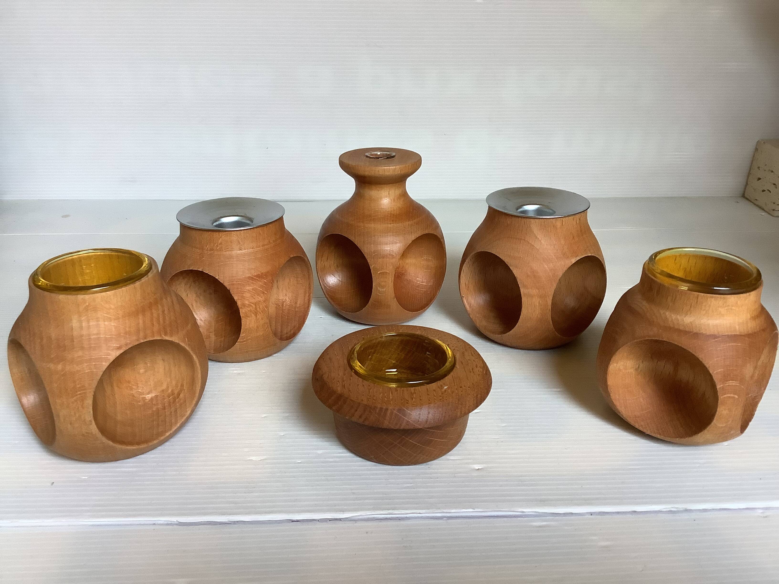 6 candle holders and a wooden vase Nopjes woodturning handmade
