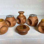 6 candle holders and a wooden vase Nopjes woodturning handmade
