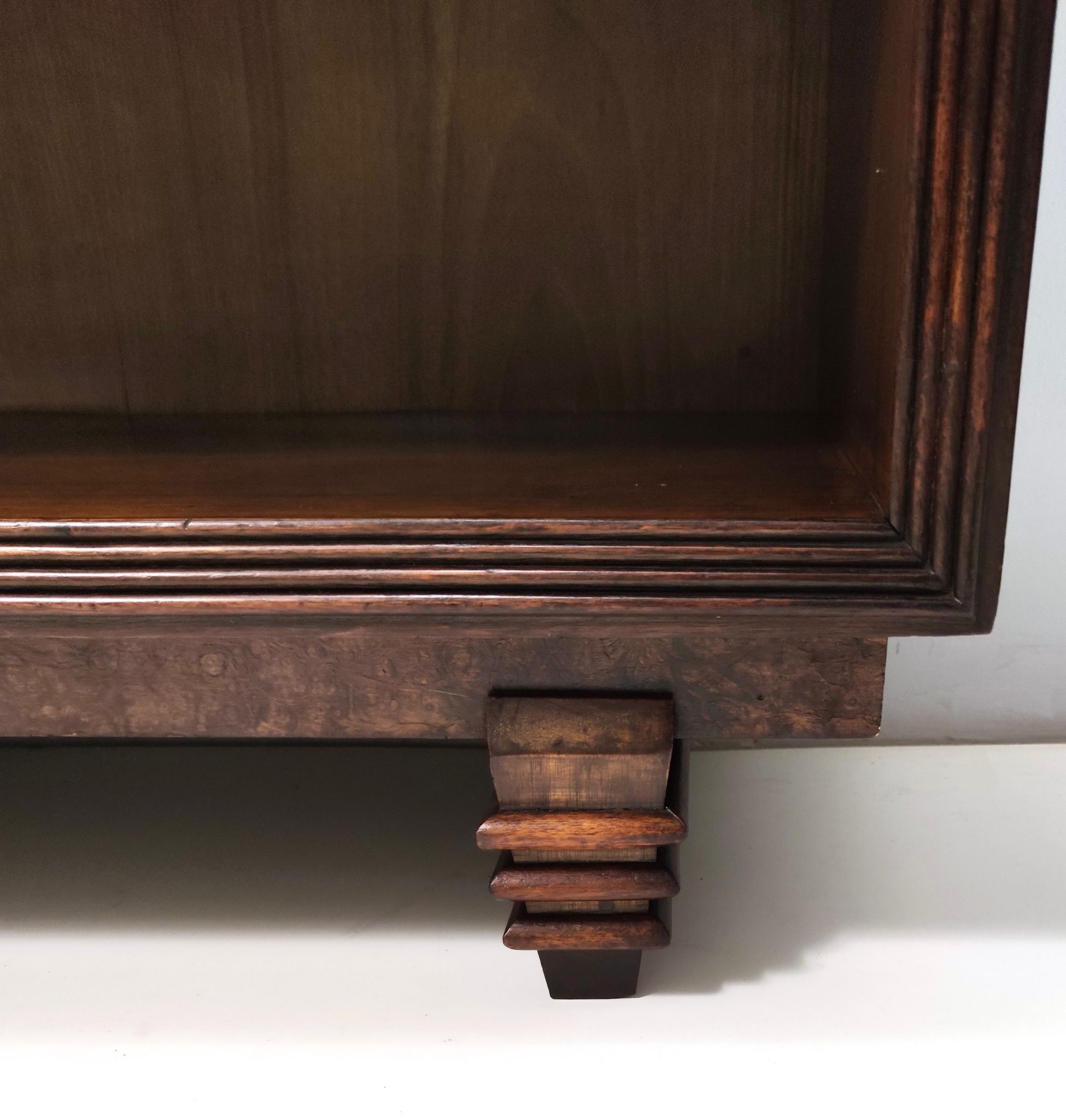 Vintage small walnut and birch root art deco bookcase, italy