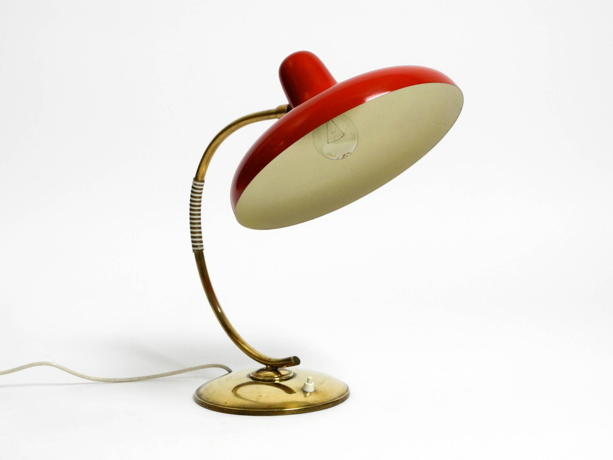 Beautiful large Mid Century Modern brass table lamp with red metal shade