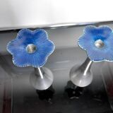 Pair of floral candlesticks by art3, aluminum and blue enameled ceramic, spain, 1980