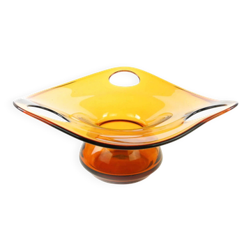 Bol à fruits, moderne du milieu du siècle, en verre orange, conçu par M. Słaboń, Pologne, années 1970.